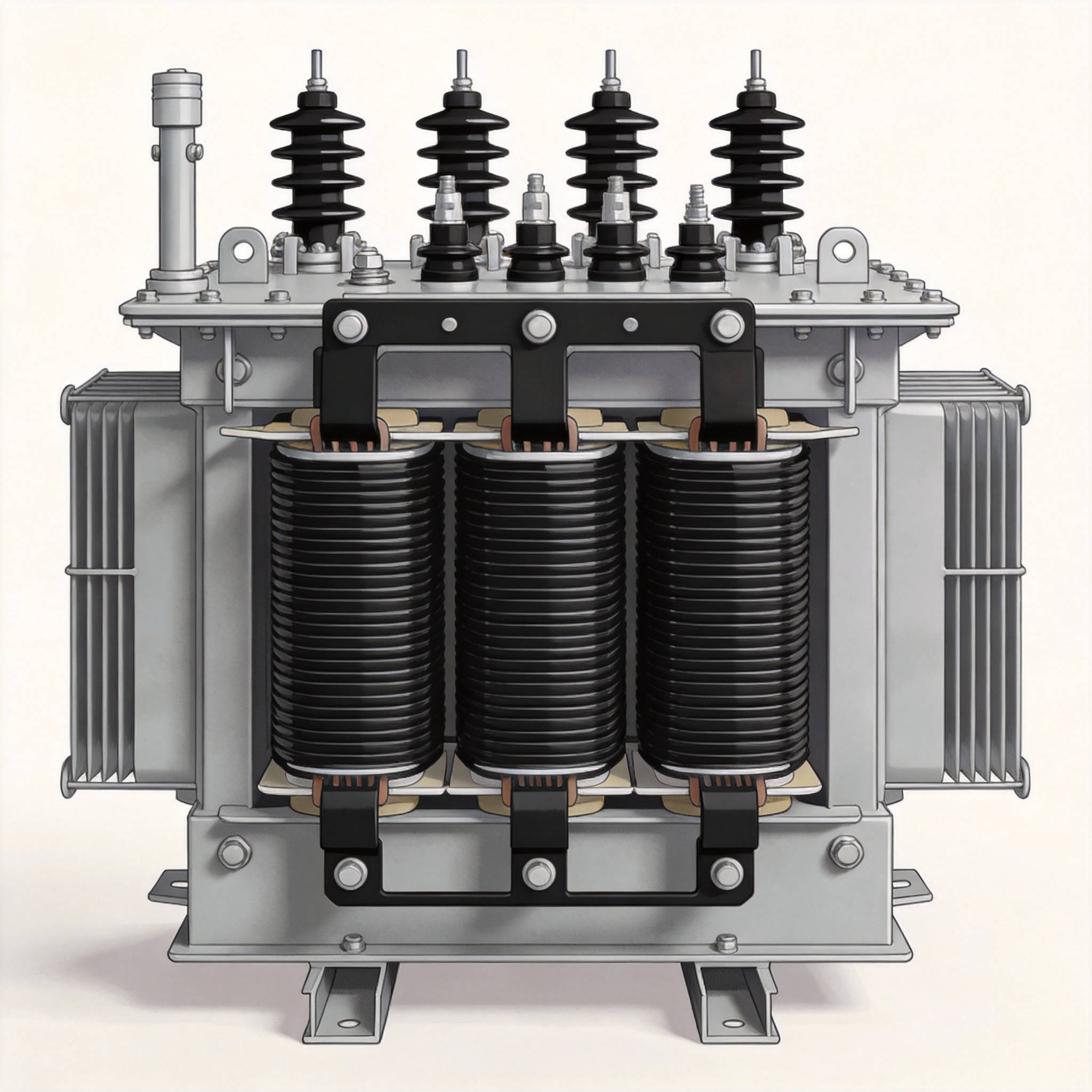 Cutaway view of a dry type transformer showing solid insulation and air cooling ducts