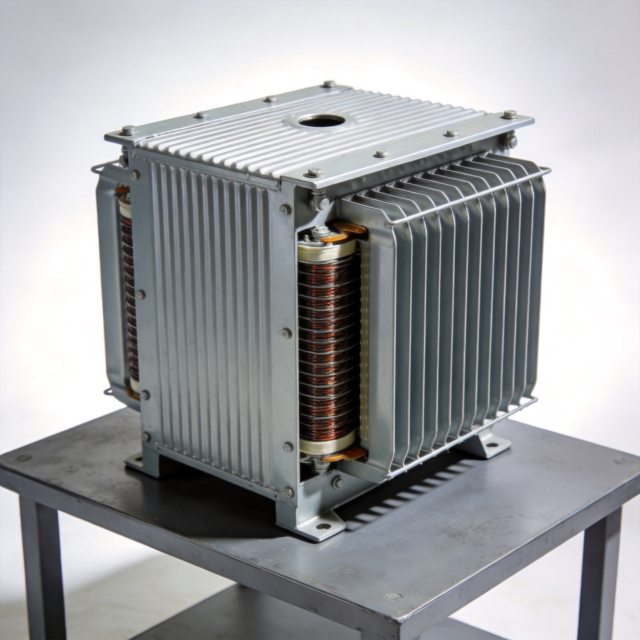 Cross-section diagram of a cast resin dry type transformer showing copper windings and airflow paths