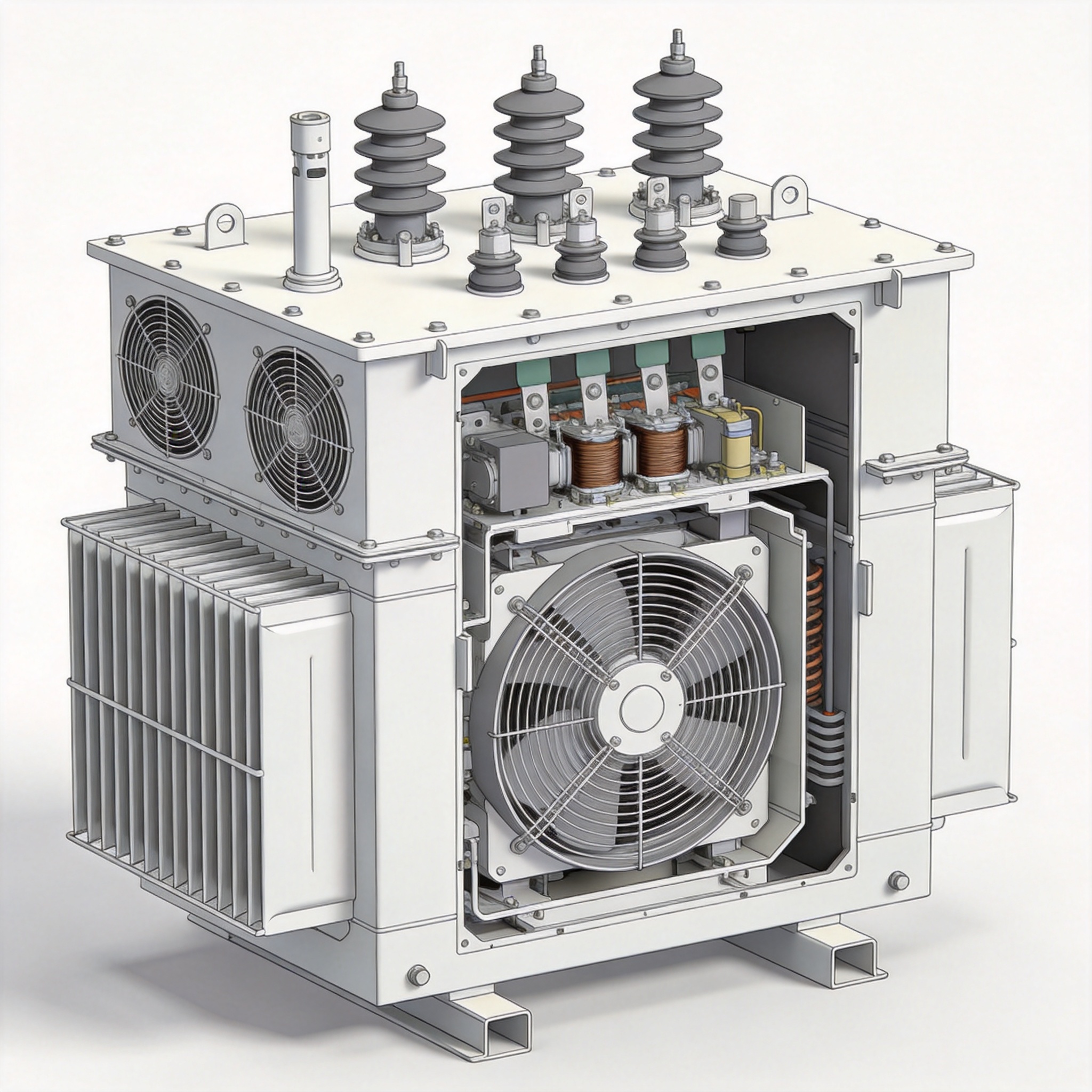 Dry transformer in a ventilated enclosure with airflow arrows