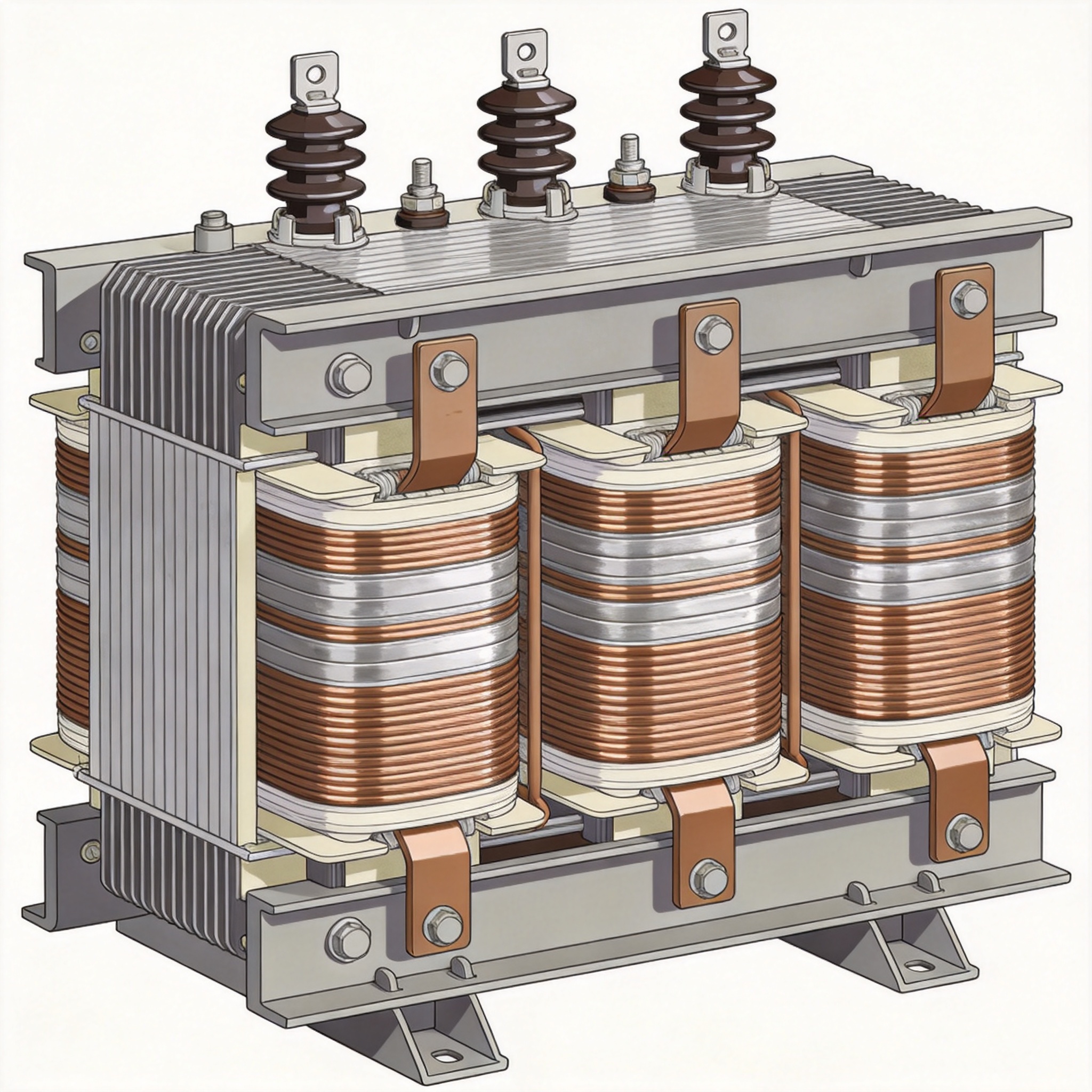 Dry type transformer cooling fins and temperature sensors