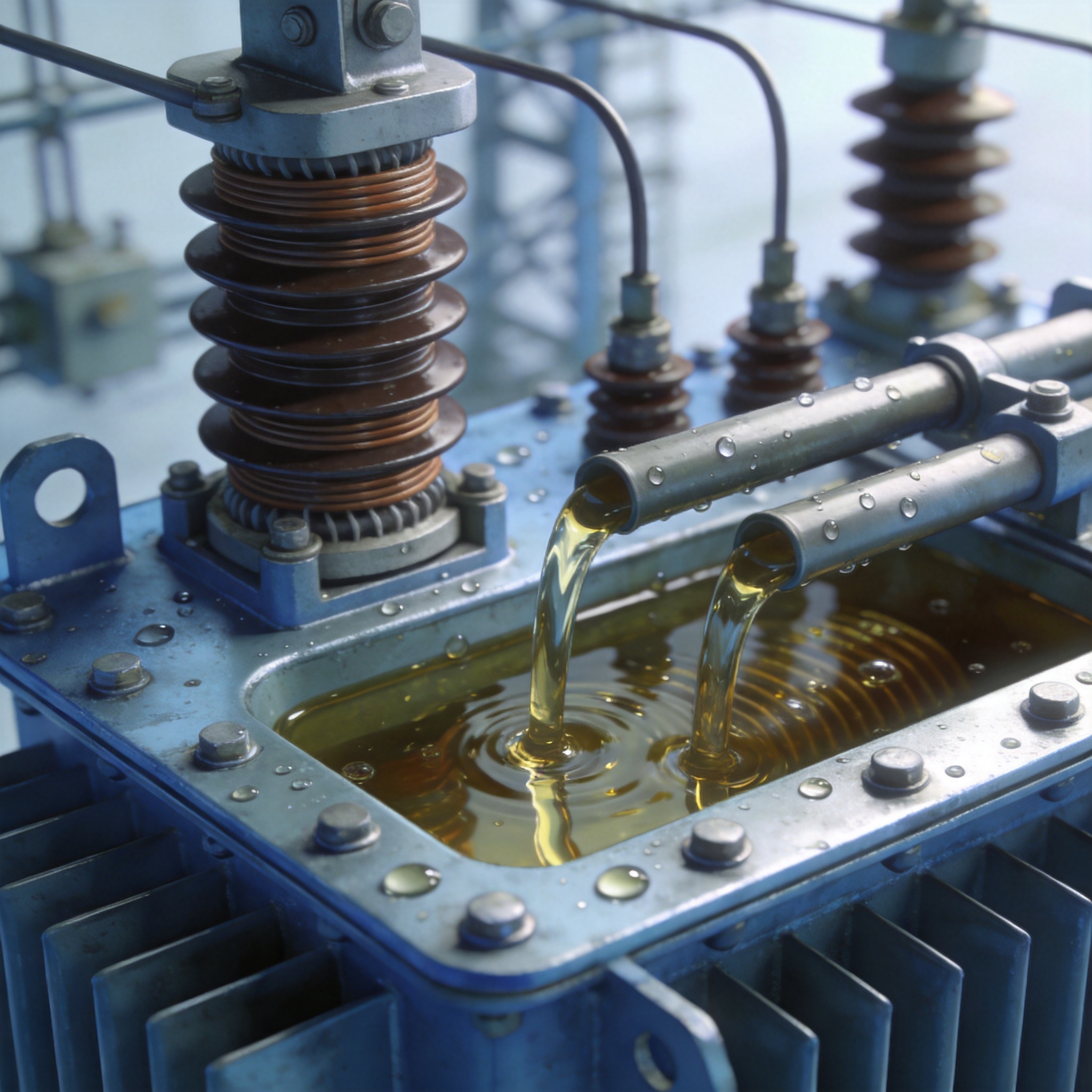 Transformer oil in a glass beaker with copper windings in background