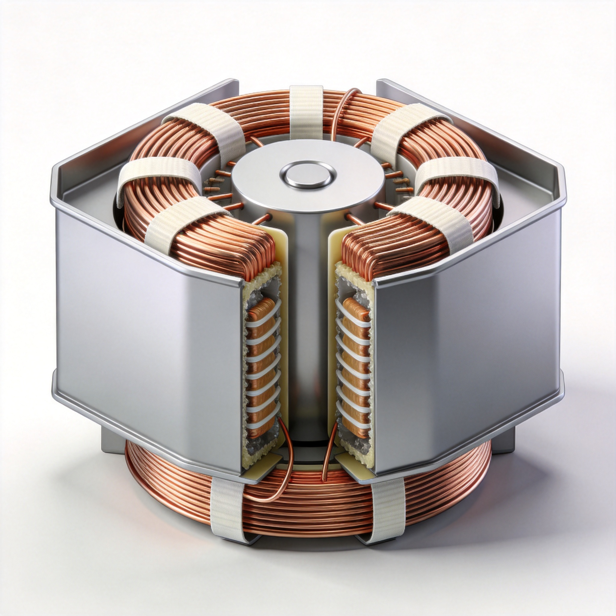 Cross-section of dry type transformer windings showing copper coils and insulation layers