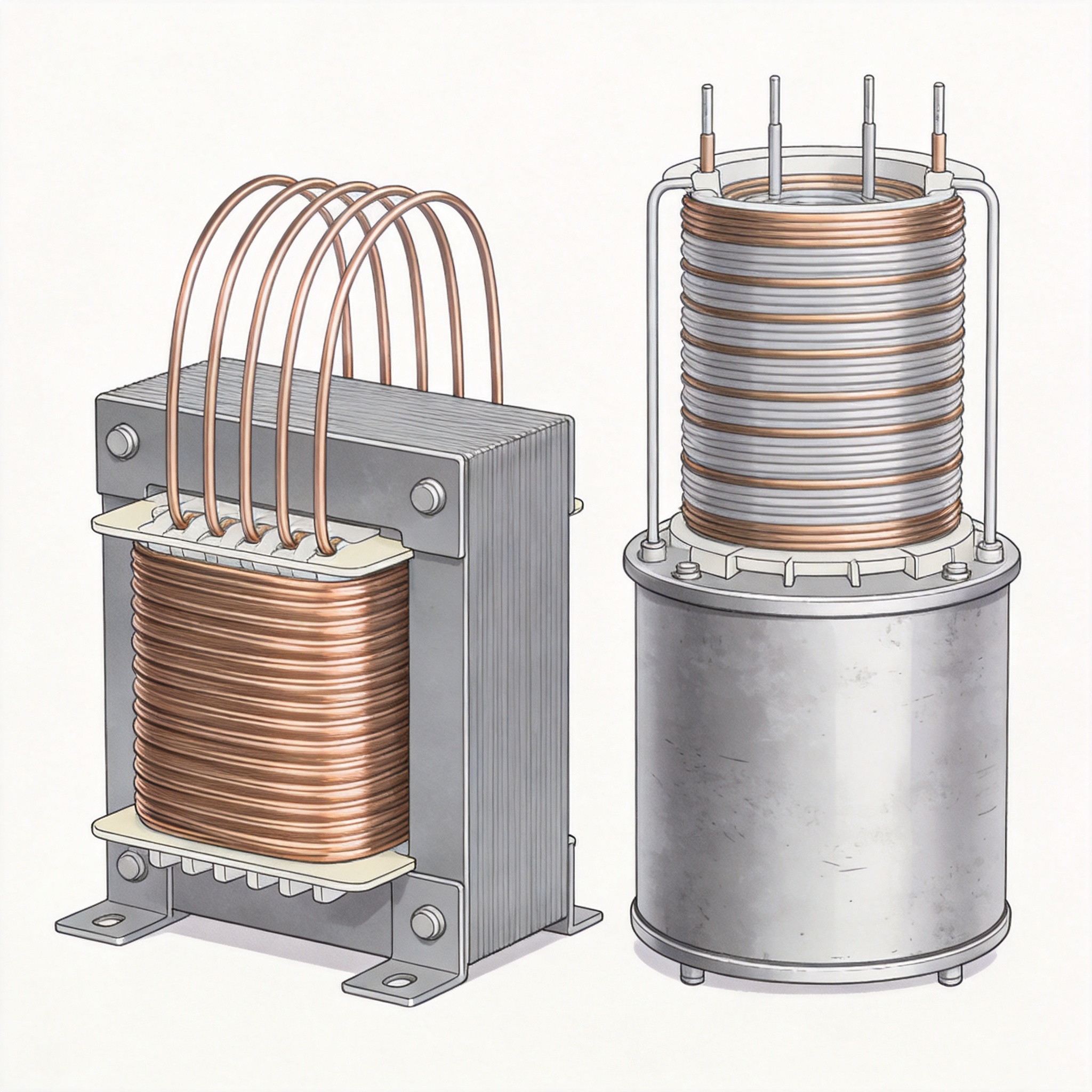Cutaway view of oil-filled transformer showing core and oil tank