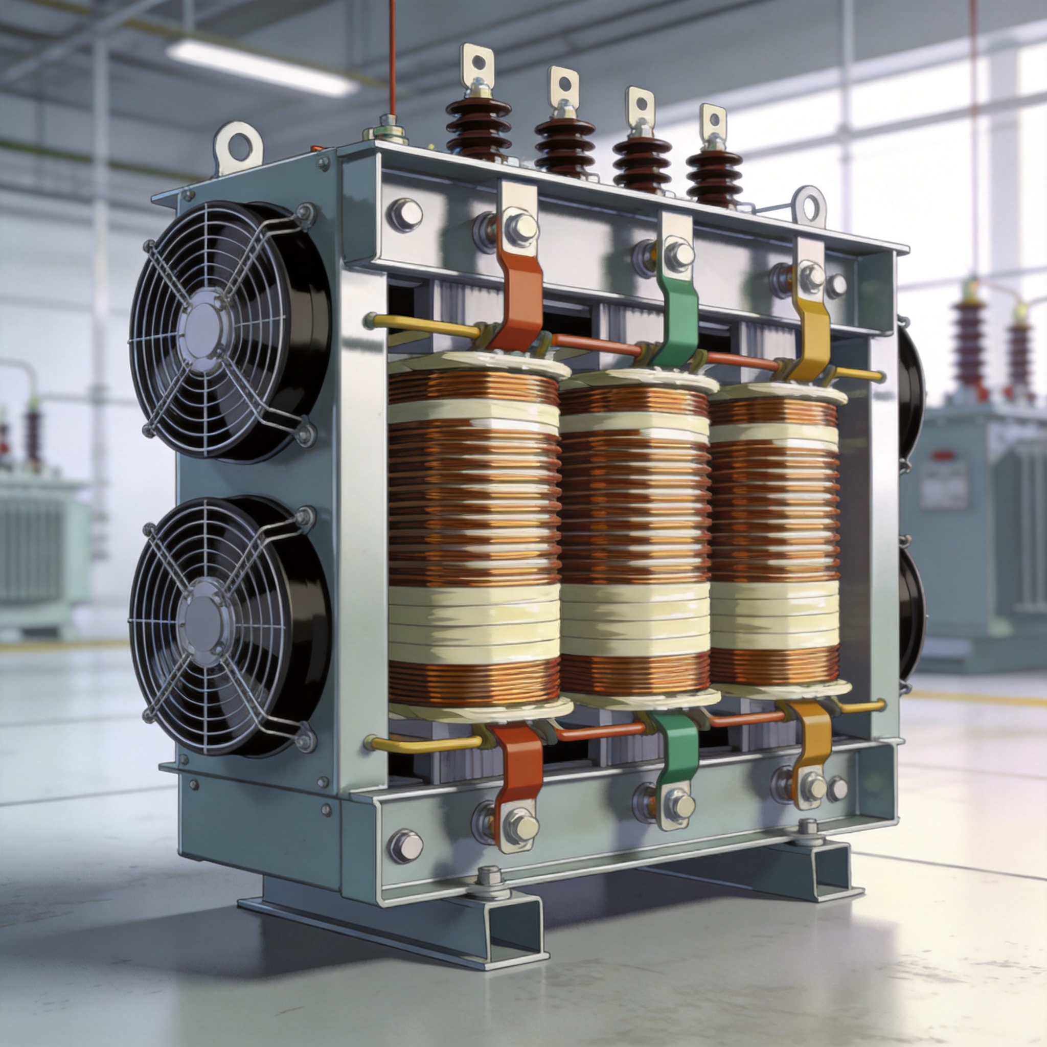 Technician inspecting transformer windings with flashlight