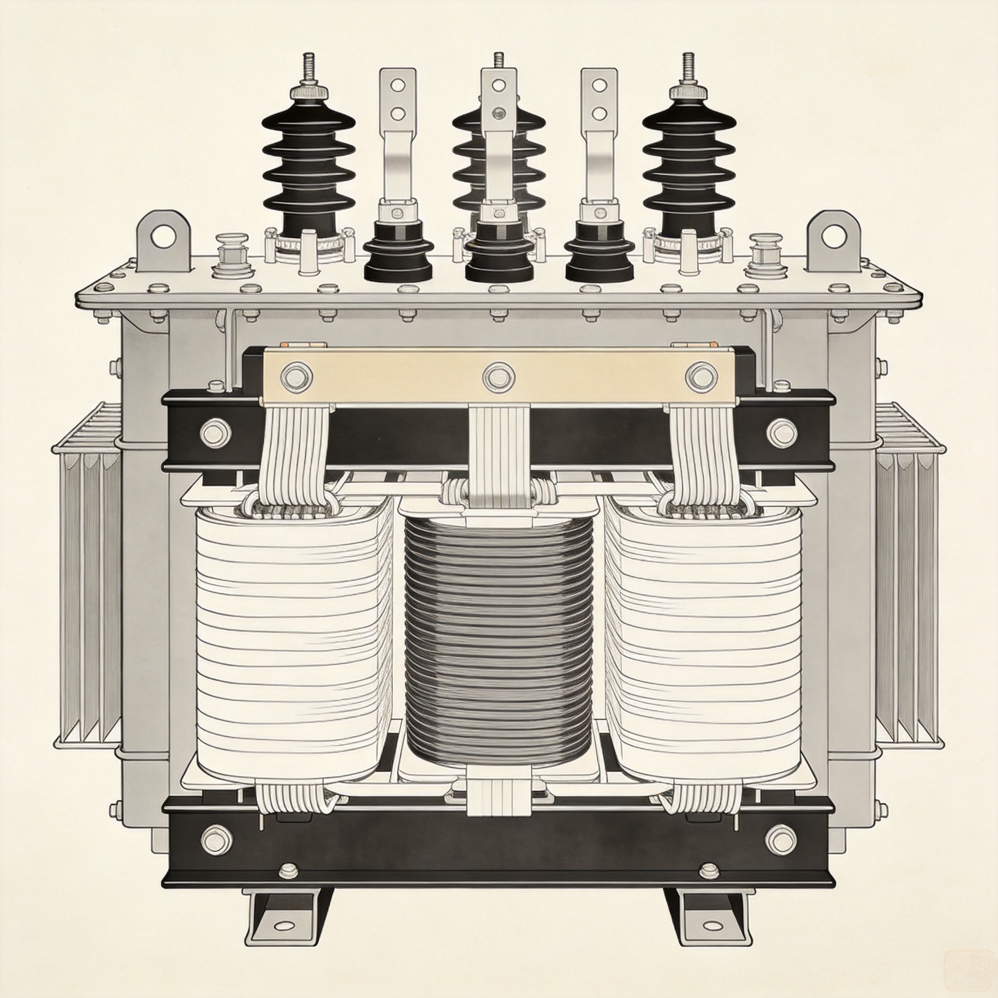 Diagram showing primary and secondary voltage windings of a dry type transformer