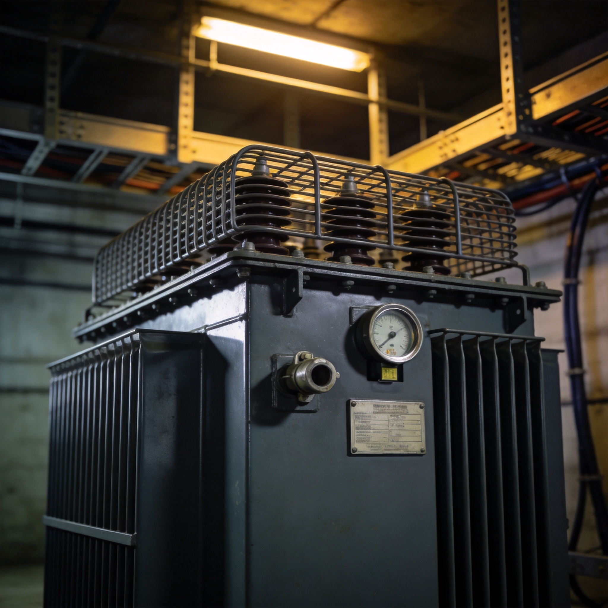 Oil type transformer at a solar farm substation