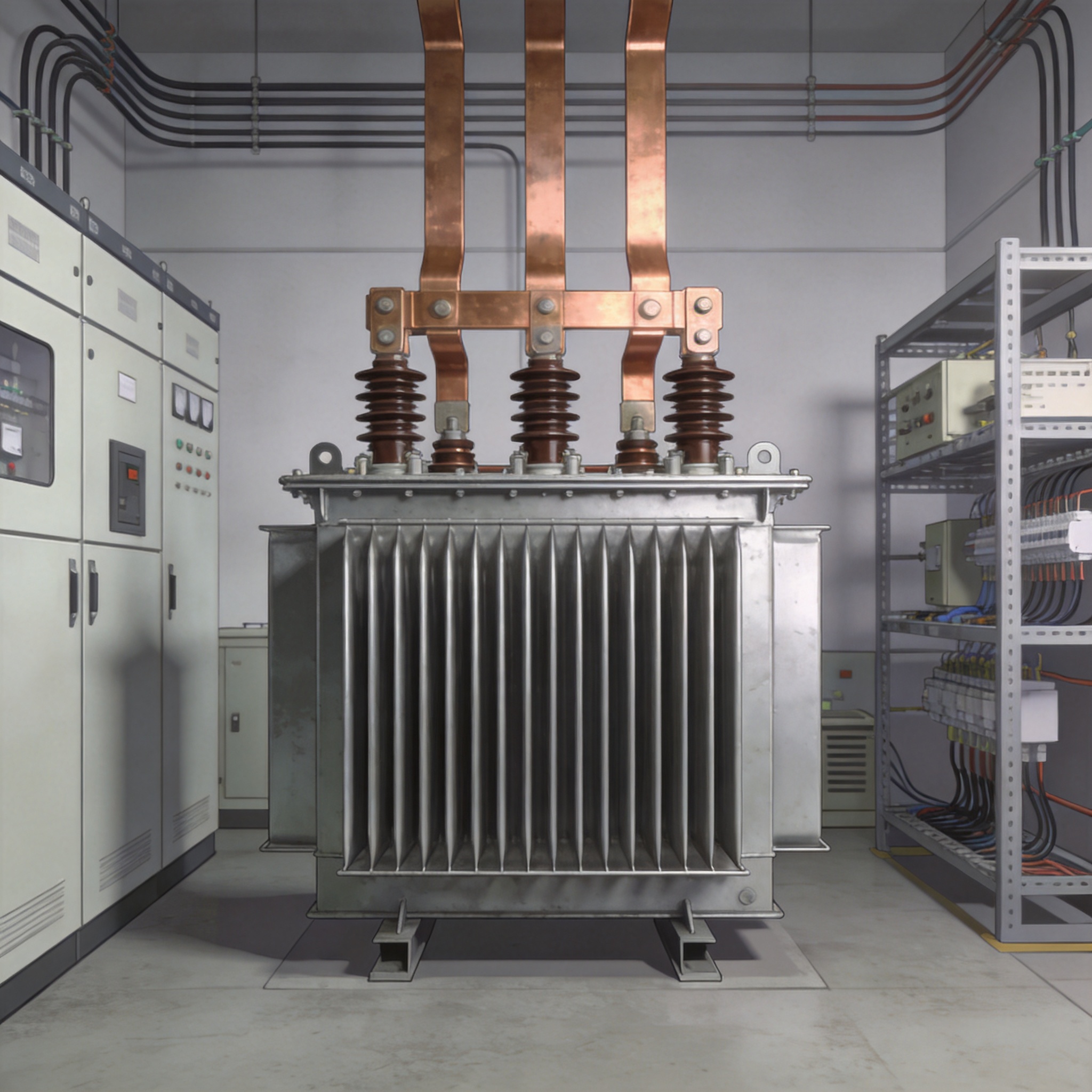 Indoor dry type transformer installation in a commercial building electrical room