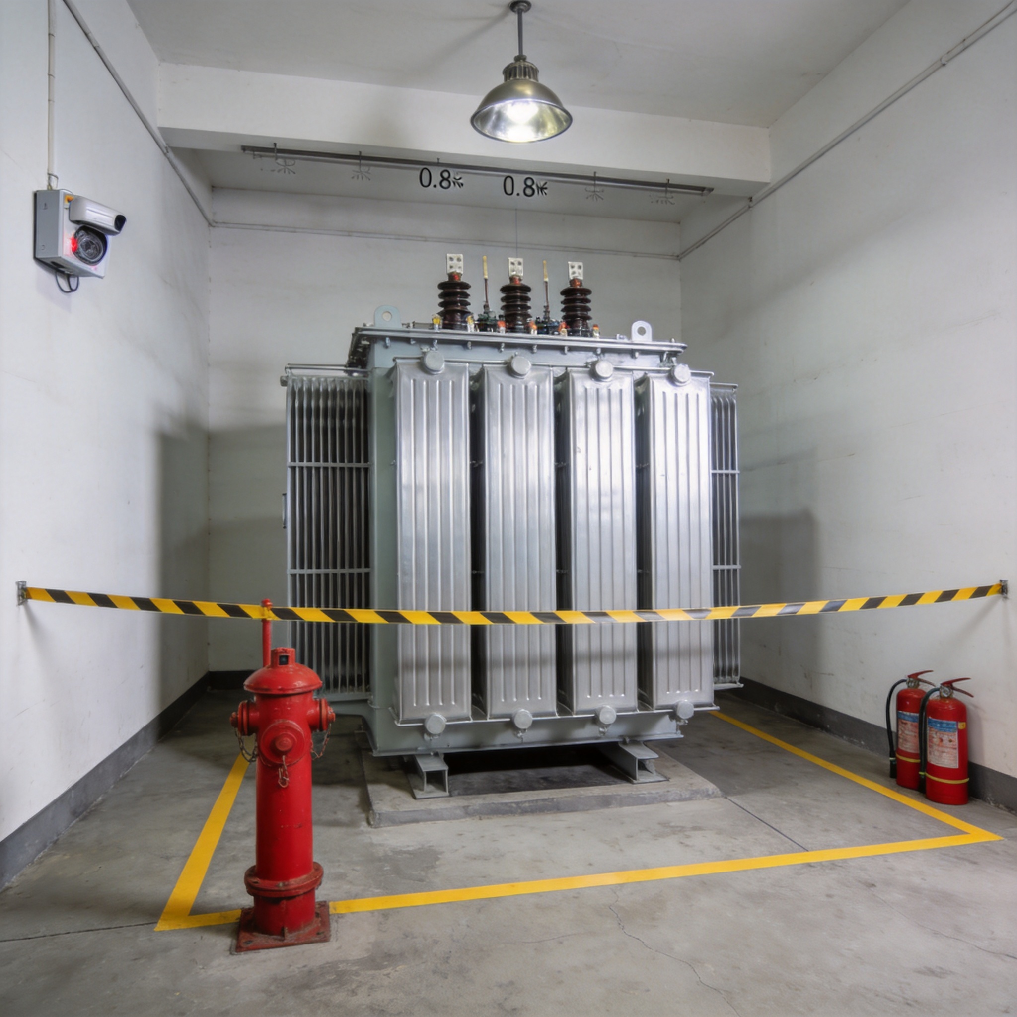 Outdoor dry-type transformer behind chain-link fence