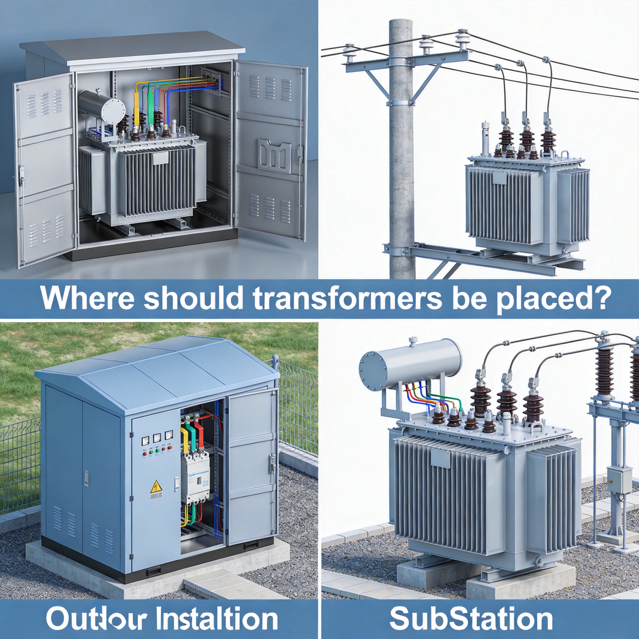 Diagram of transformer placement principles showing clearance zones and ventilation arrows