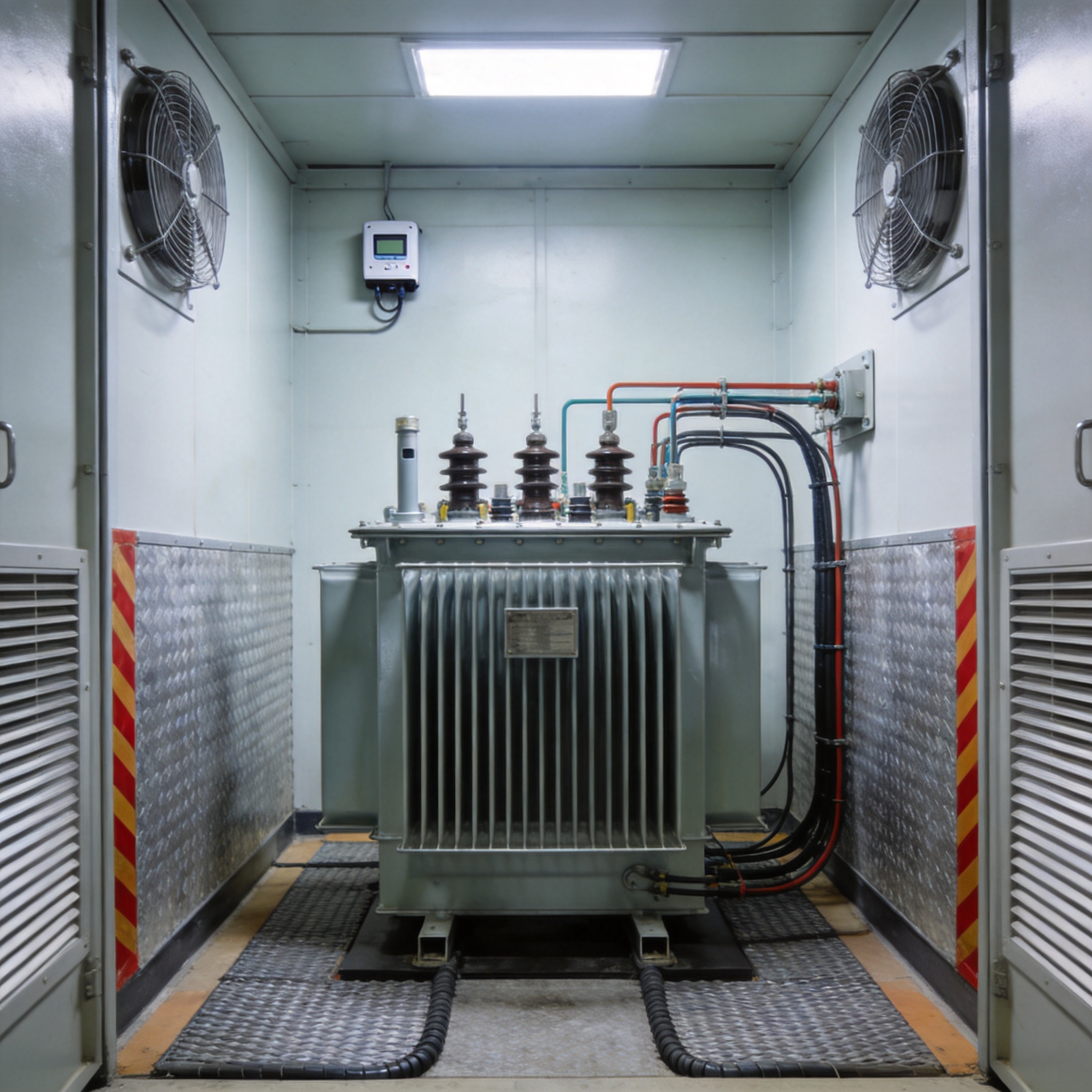Outdoor pad-mounted transformer with vegetation clearance and security barrier