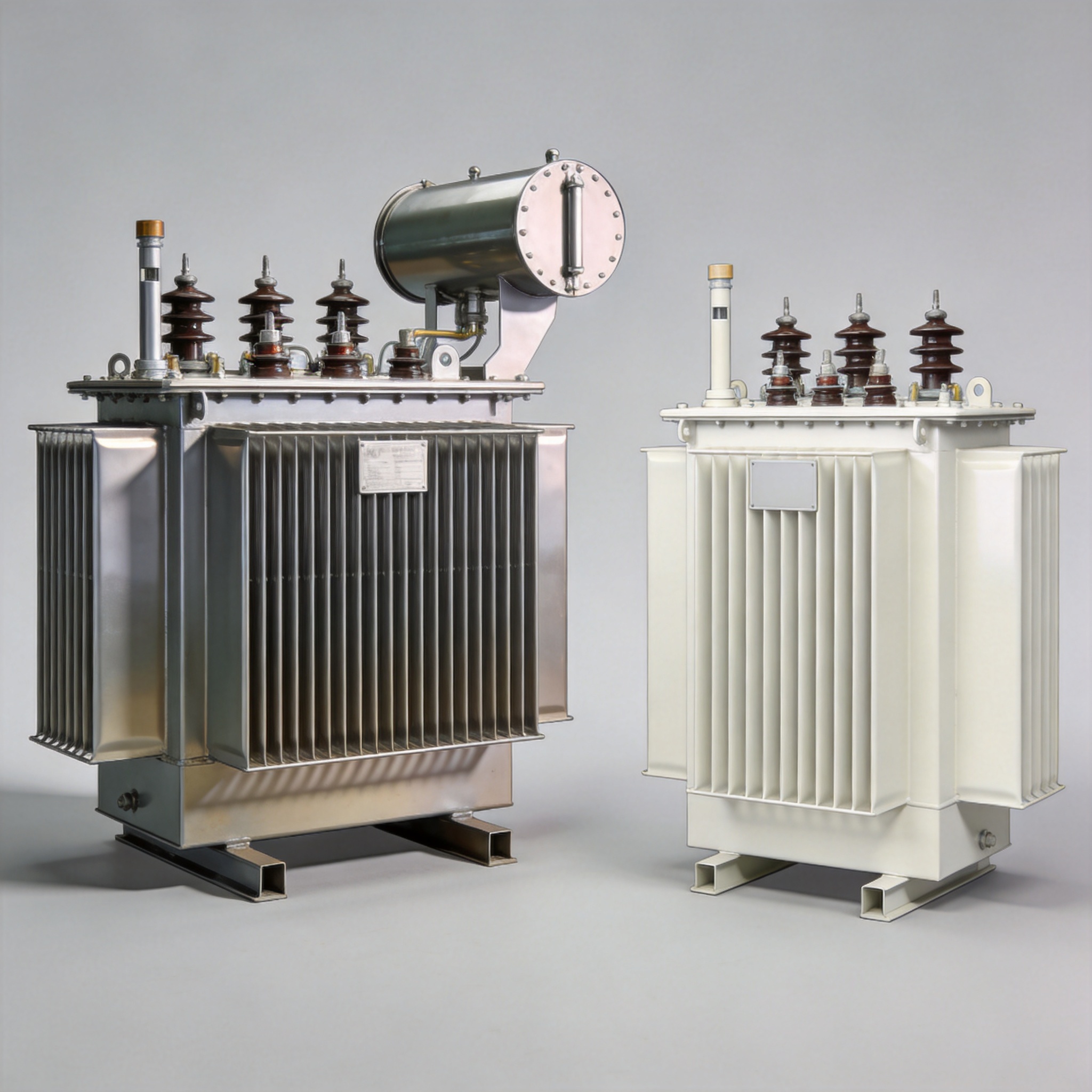 Cutaway diagram of an oil-immersed transformer and a dry-type transformer side by side