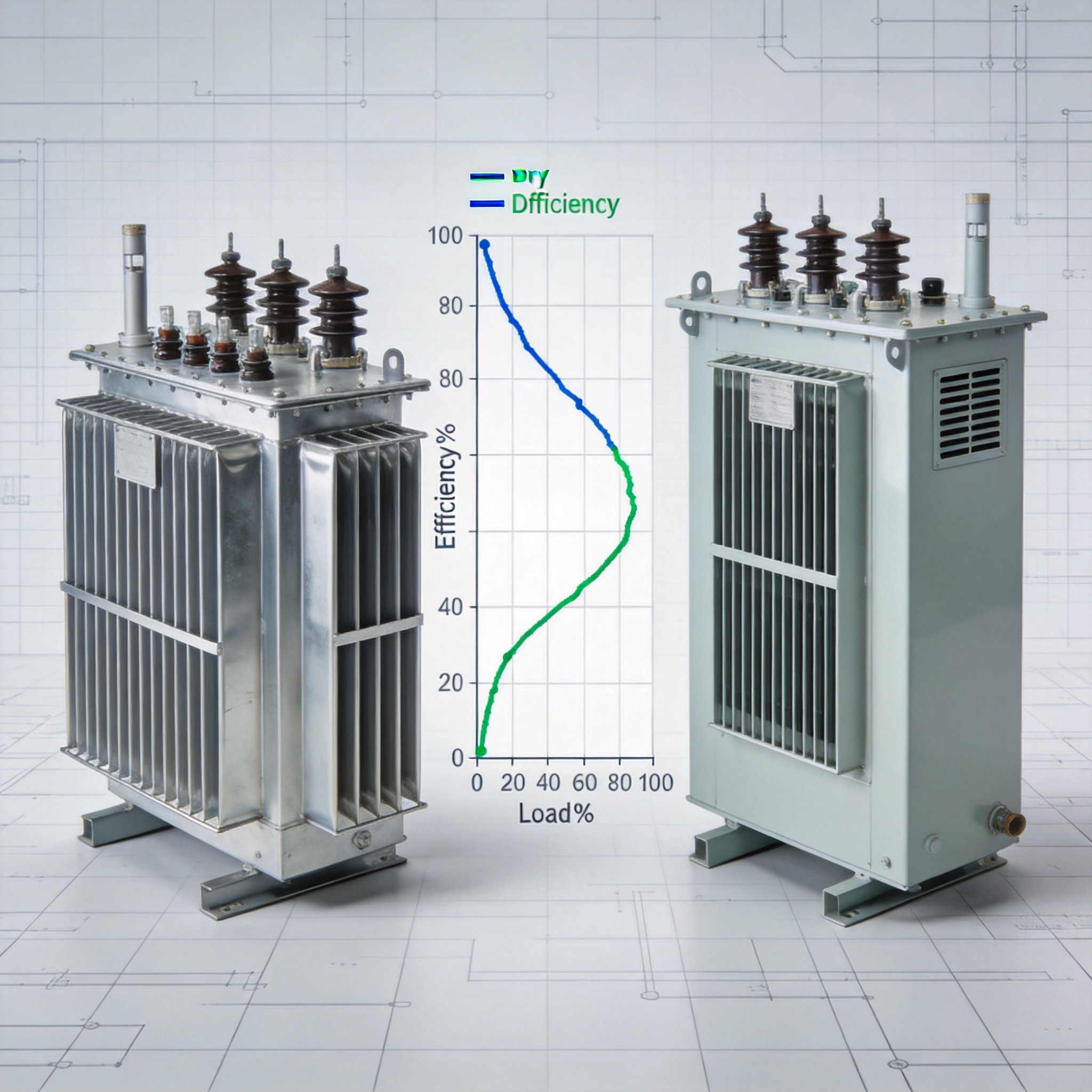 Bar chart comparing initial purchase cost, installation cost, maintenance cost, and energy cost over 20 years for both transformer types