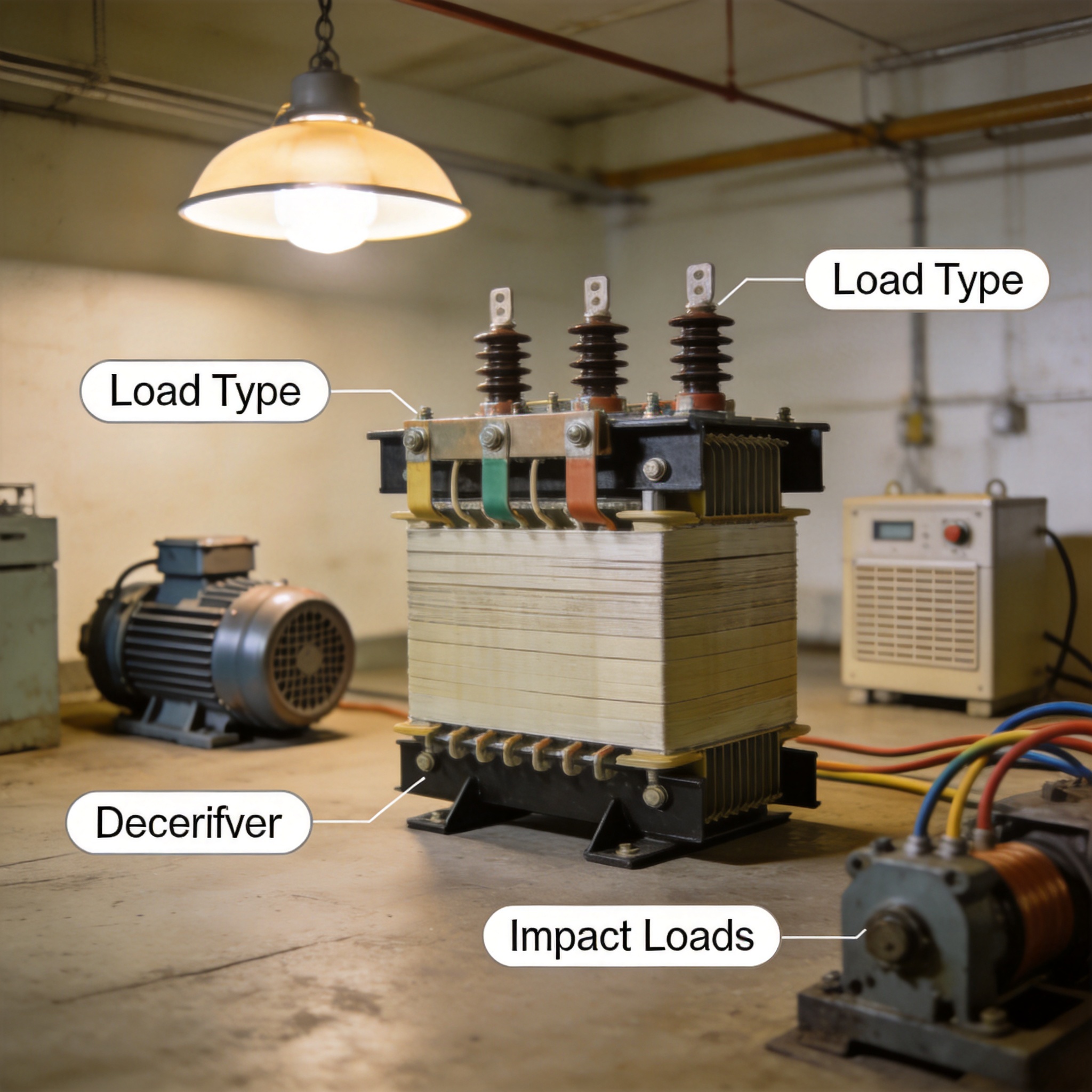 Transformer sizing based on lighting, motor, rectifier and impact load characteristics
