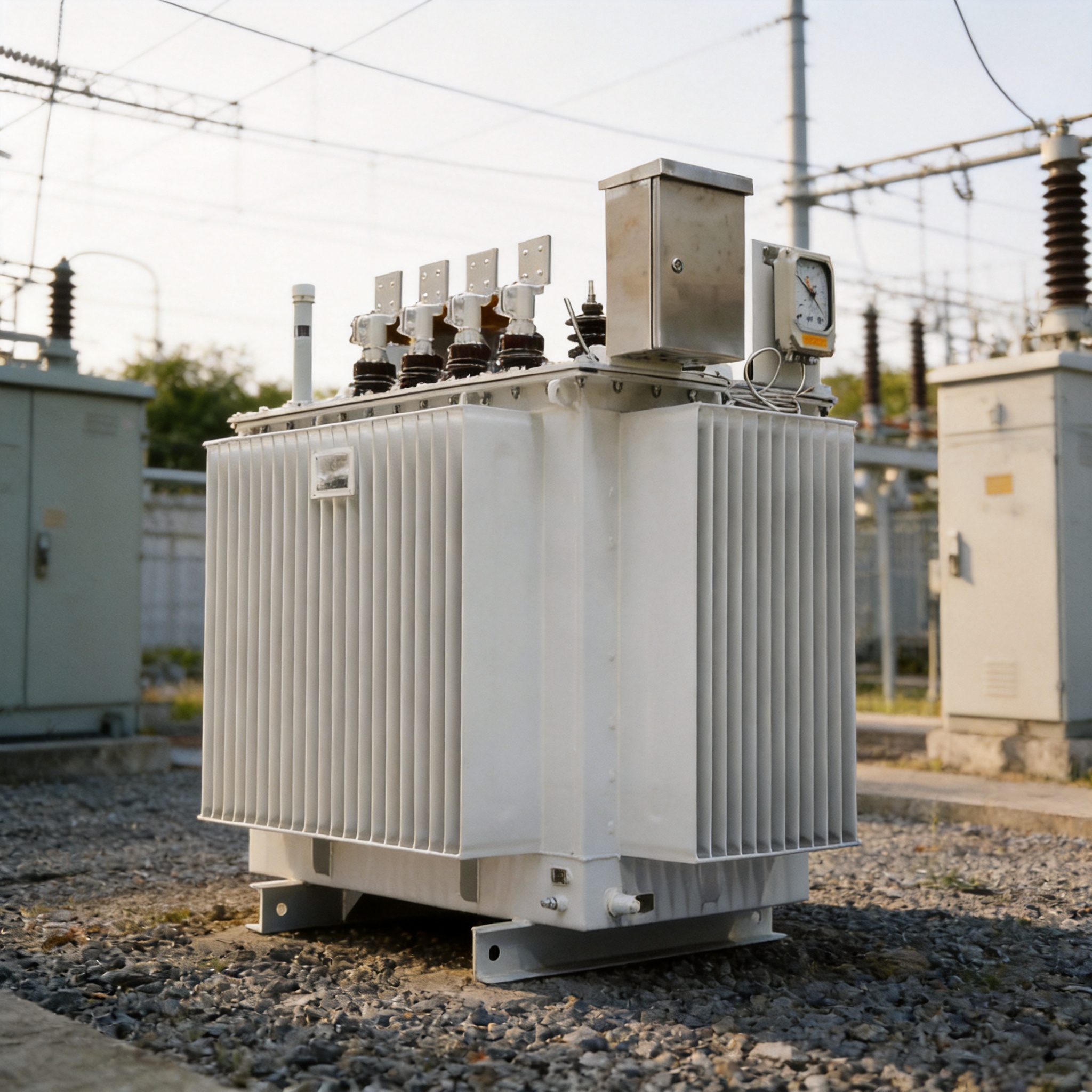 Technician checking radiator panel temperature on an oil-immersed transformer