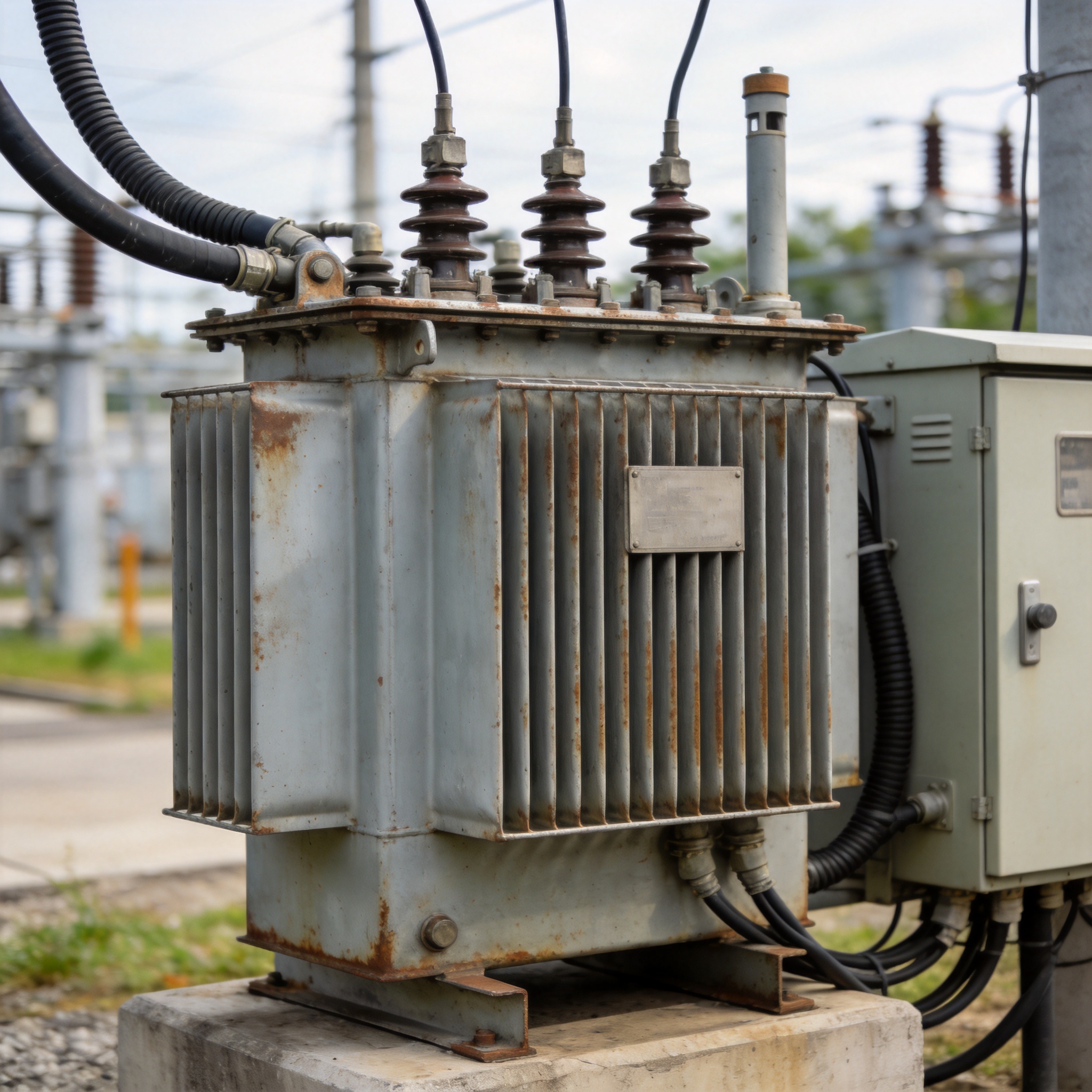 Padmount transformer installed on a concrete pad beside a commercial building